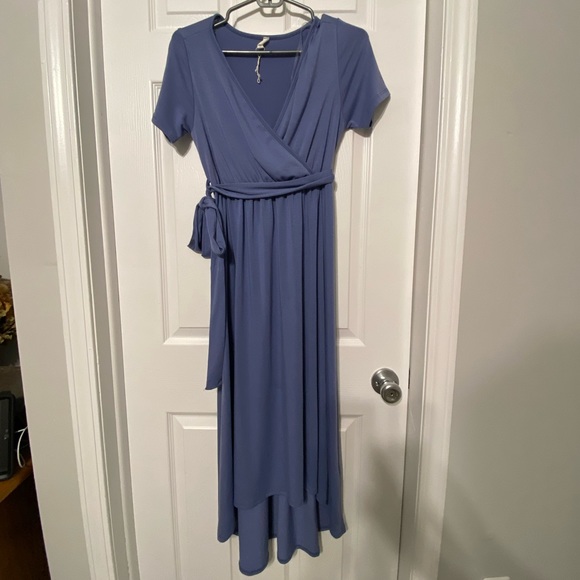 Slate Blue Solid Hi-Low Maternity Wrap Dress - Picture 5 of 5